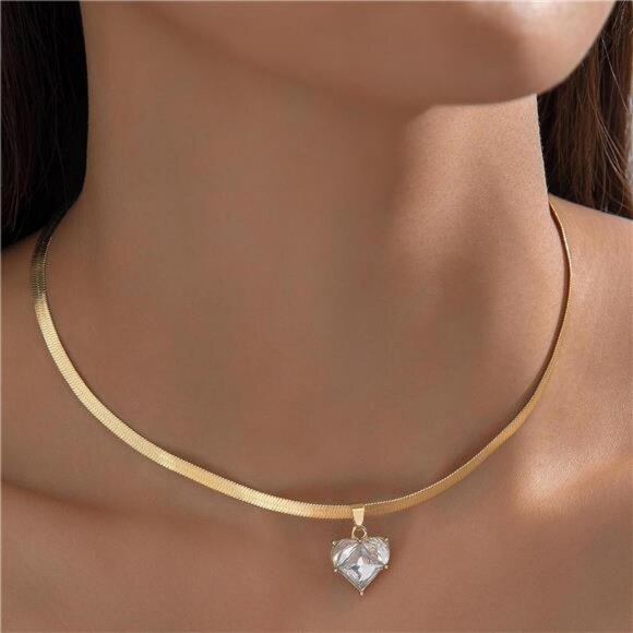 ✨ Gold Snake Chain Heart Necklace | Herringbone Choker with Zircon Pendant - Picture 1 of 4